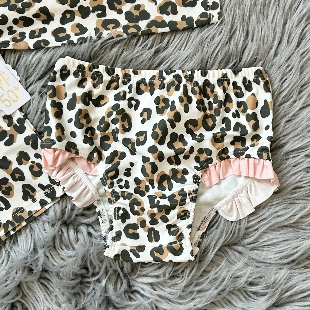 Mud Pie Ruffle Leopard Toddler Rash Guard Swimsuit Set Size 24M/2T
